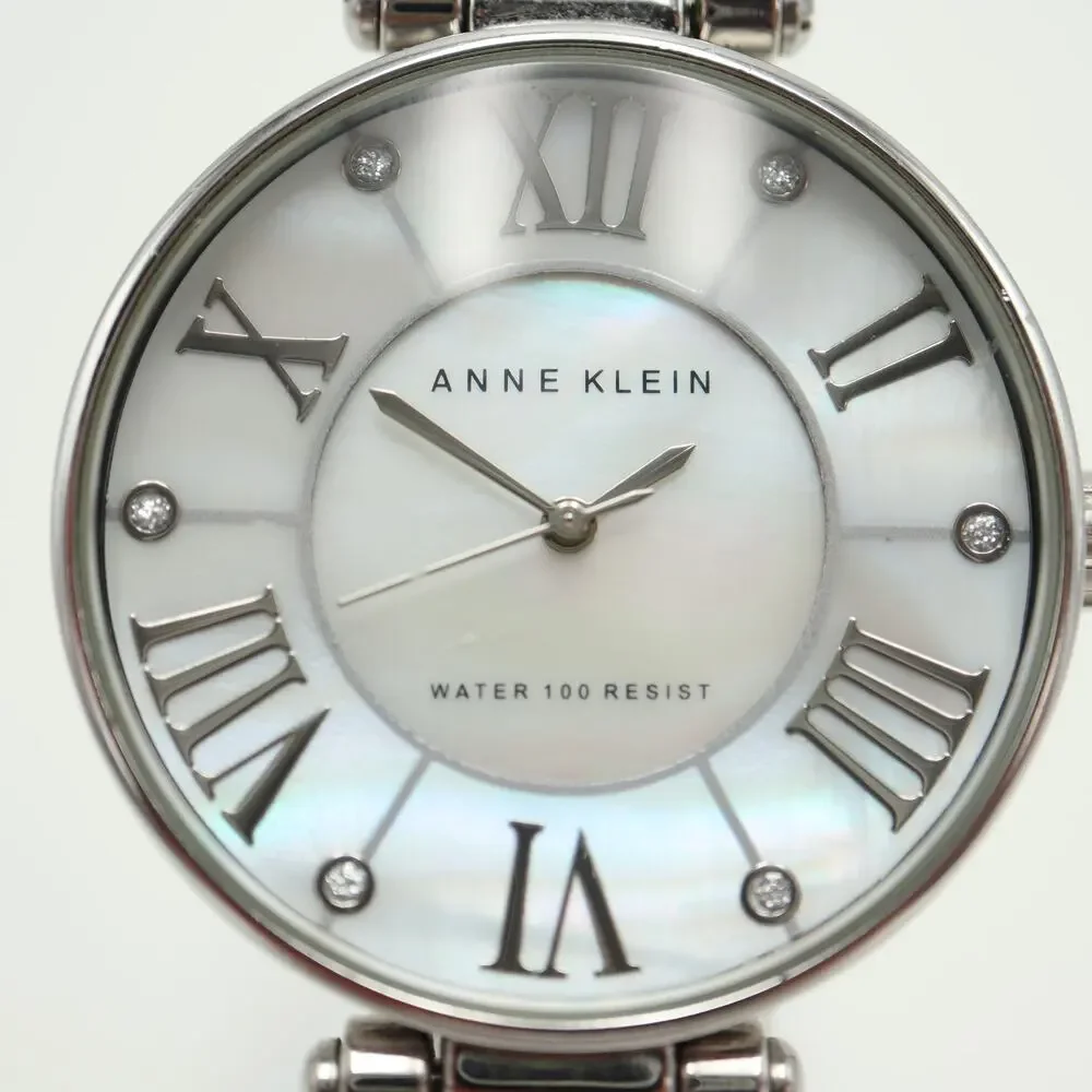 Anne Klein Silver Tone 34mm Round MOP Dial Watch Green Leather with New Battery